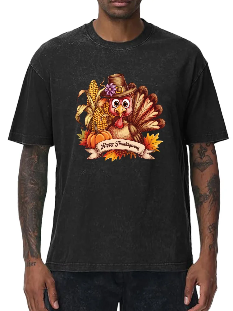 

Pumpkin and Turkey 230g Heavy Cotton Washed Oversized T-Shirt for Men Thanksgiving Graphic Tee Retro Casual Top