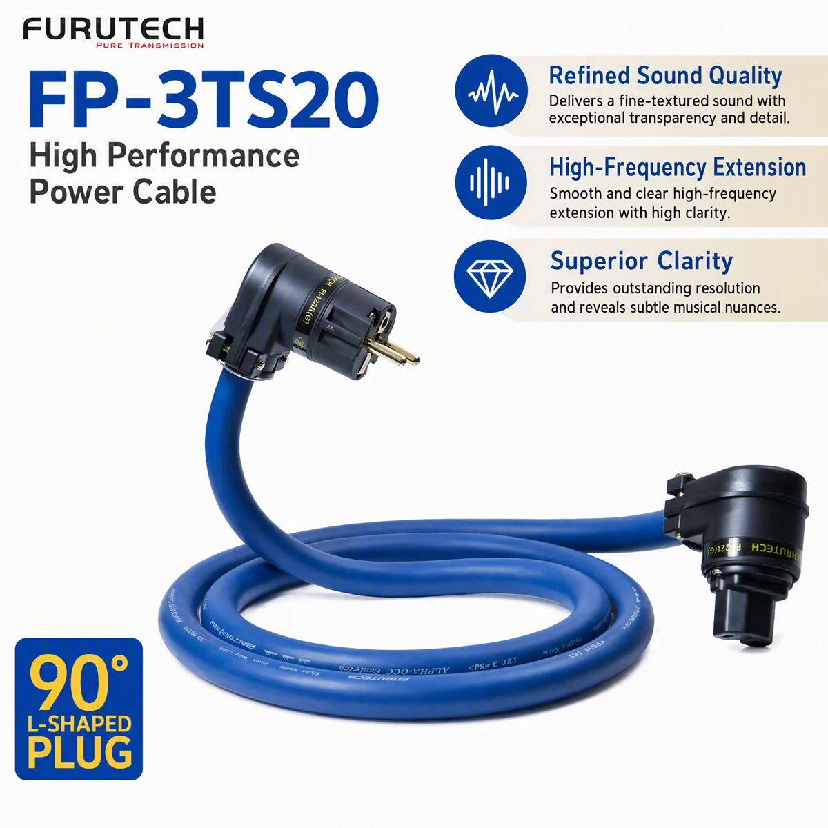 Furutech FP-3TS20 L-Type Elbow HiFi Power Cable OCC Single Crystal Copper Audiophile Power Cord for Amplifier DAC CD Player
