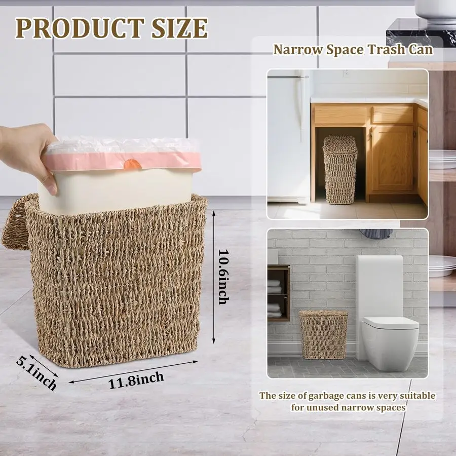 

Waste Basket with Lid and Liner, Woven Seagrass Trash Can, Bathroom Trash Can, Boho Garbage Wastebasket for Bedroom Home Living