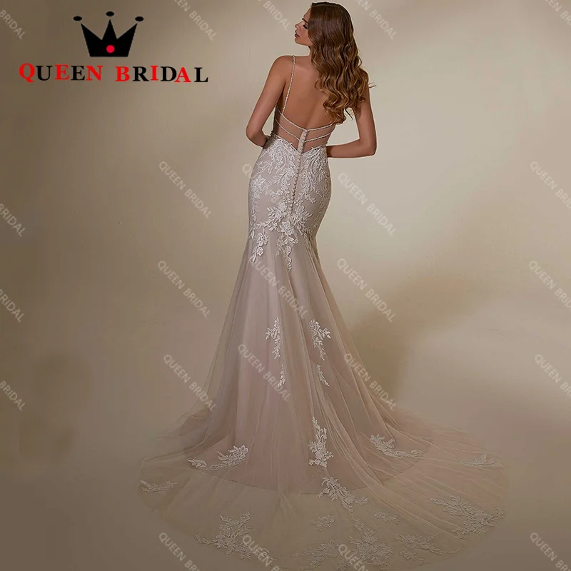 Sexy Spaghetti-Trägern Meerjungfrau Hochzeitskleid Quadratischer Kragen Applikationen Pailletten Rückenfreies Brautkleid Robe De Mariée Custom Y54N