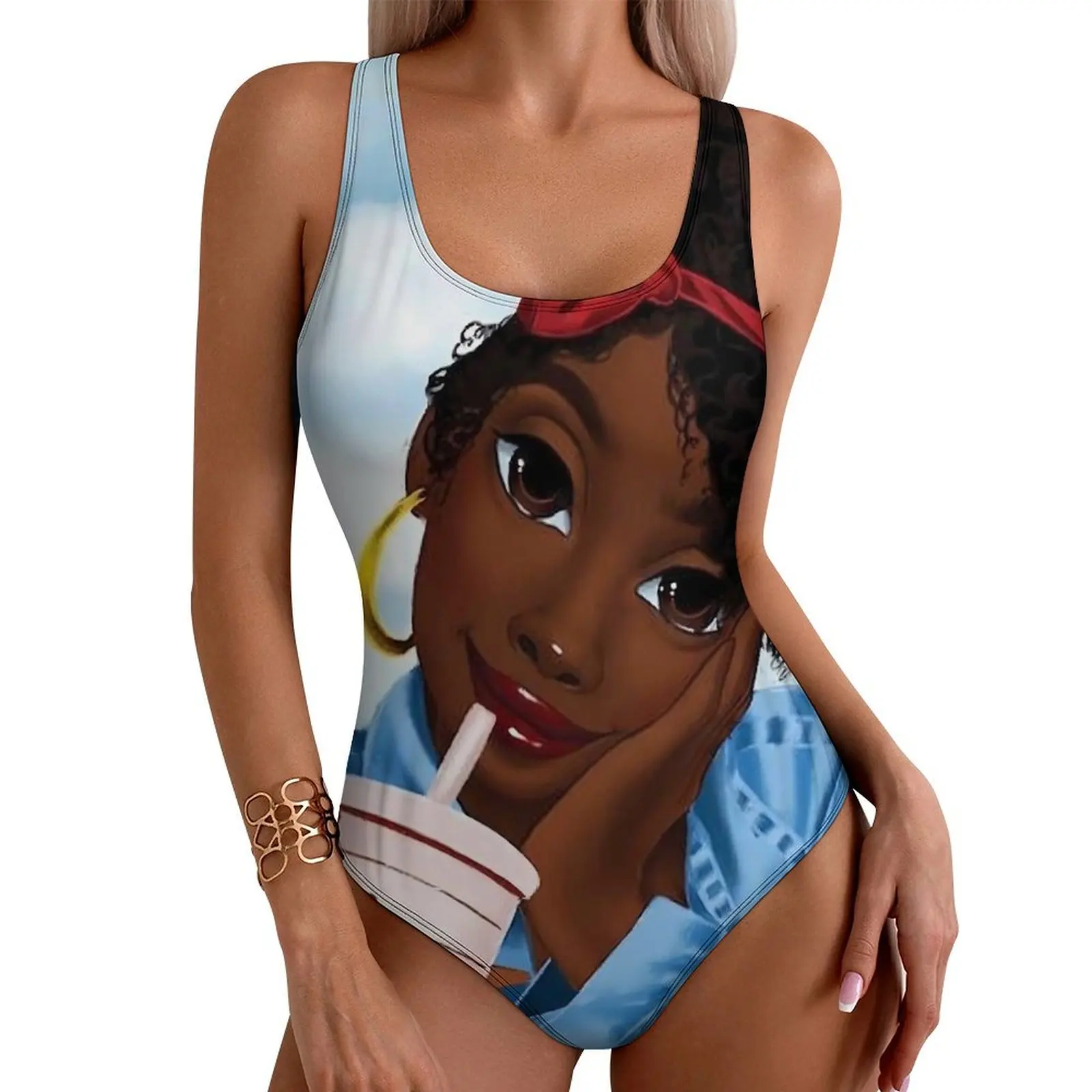 

Cute Ladies Swimsuit Sexy Pretty Afro Girl One Piece Swimwear Push Up Bodysuit Stylish Holiday Surf Beach Wear