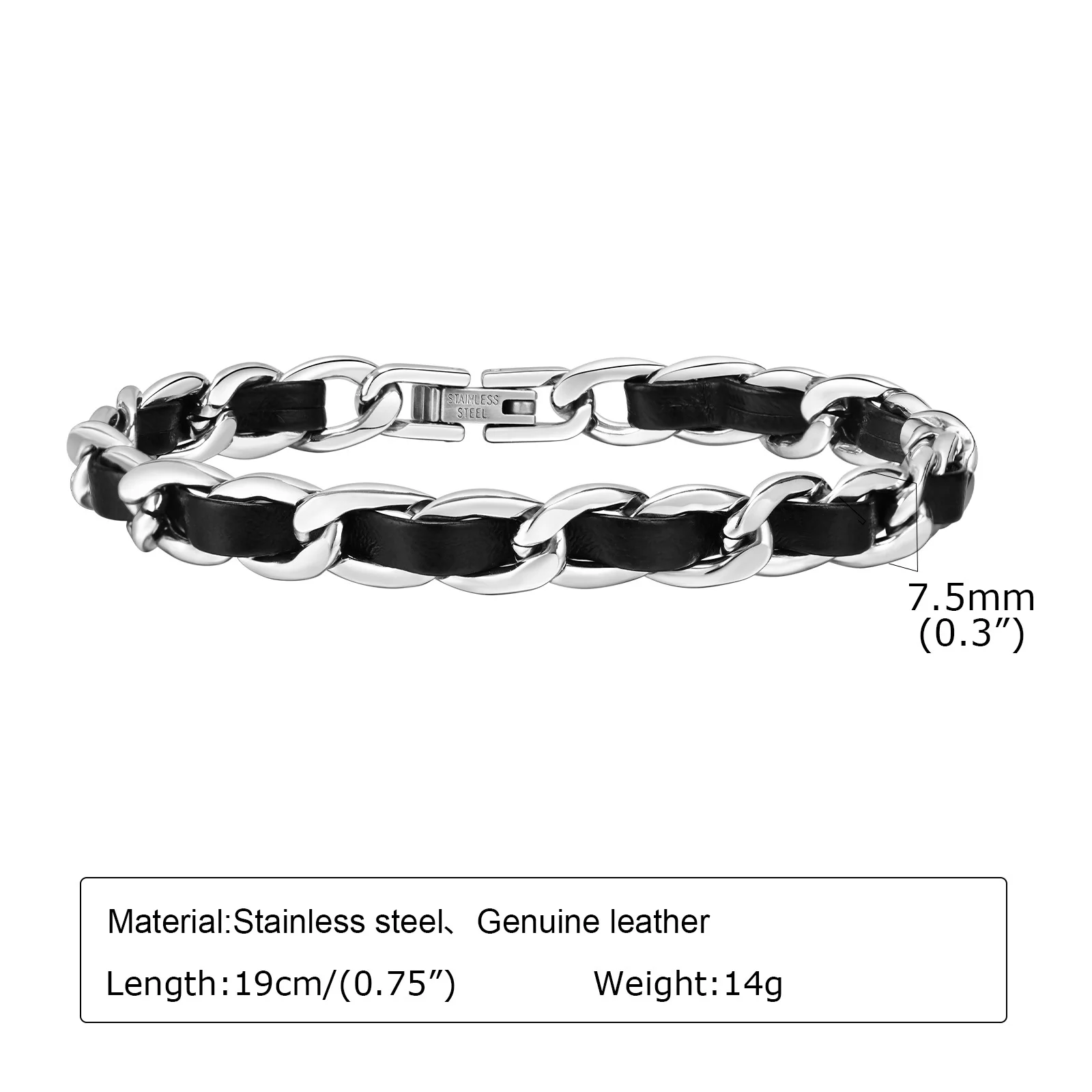 Men\'s Black Leather Chain Bracelets, Waterproof Stainless Steel Cuban Links Chain Wristband Gift Jewelry,pulseira masculina