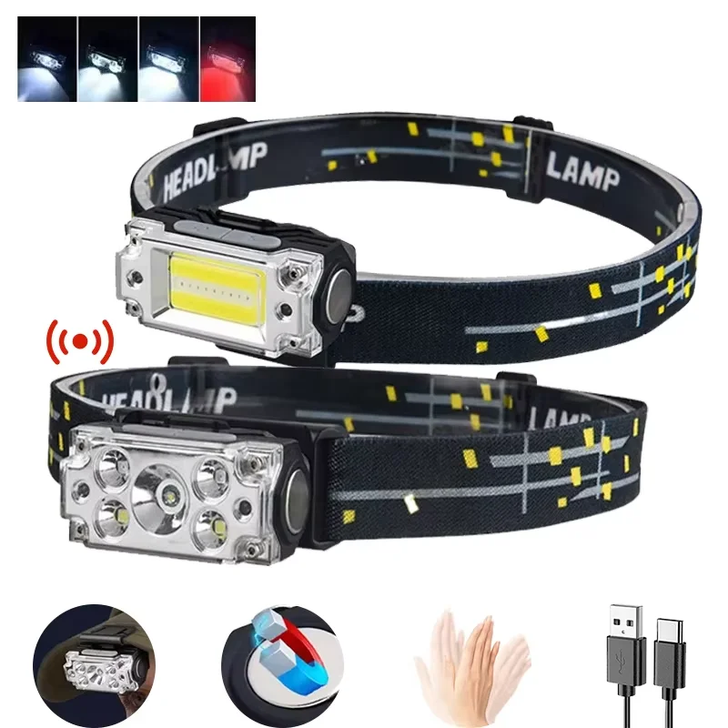 كشاف أمامي LED قابل لإعادة الشحن، ضوء رأس متعدد الأوضاع بدون استخدام اليدين، ضوء عمل محمول، خارجي، إصلاح صناعي، مصباح يدوي للطوارئ