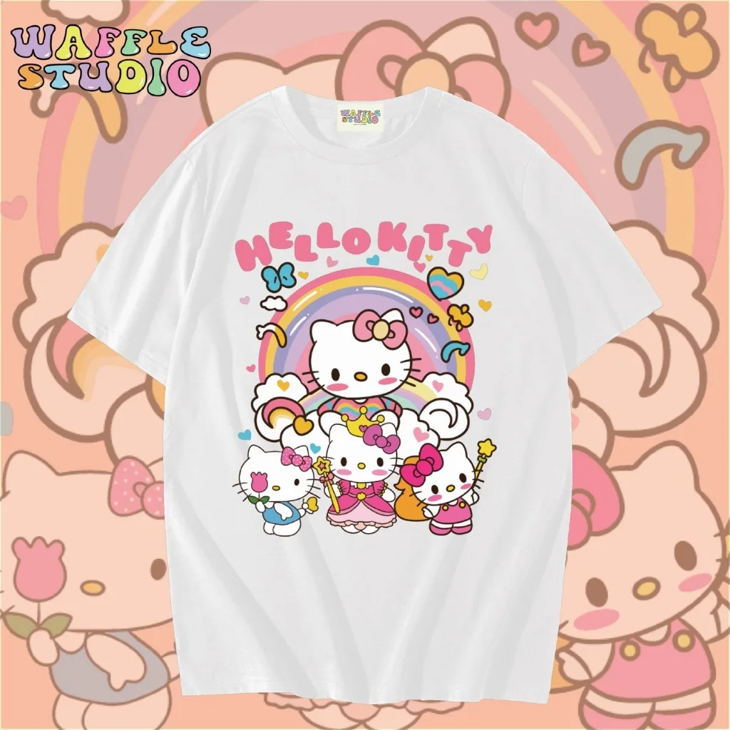 لطيف مرحبا كيتي القطن الخالص قصيرة الأكمام تي شيرت للنساء والأطفال صيف 2025 جديد بسيط مطبوعة فضفاض رداء علوي غير رسمي