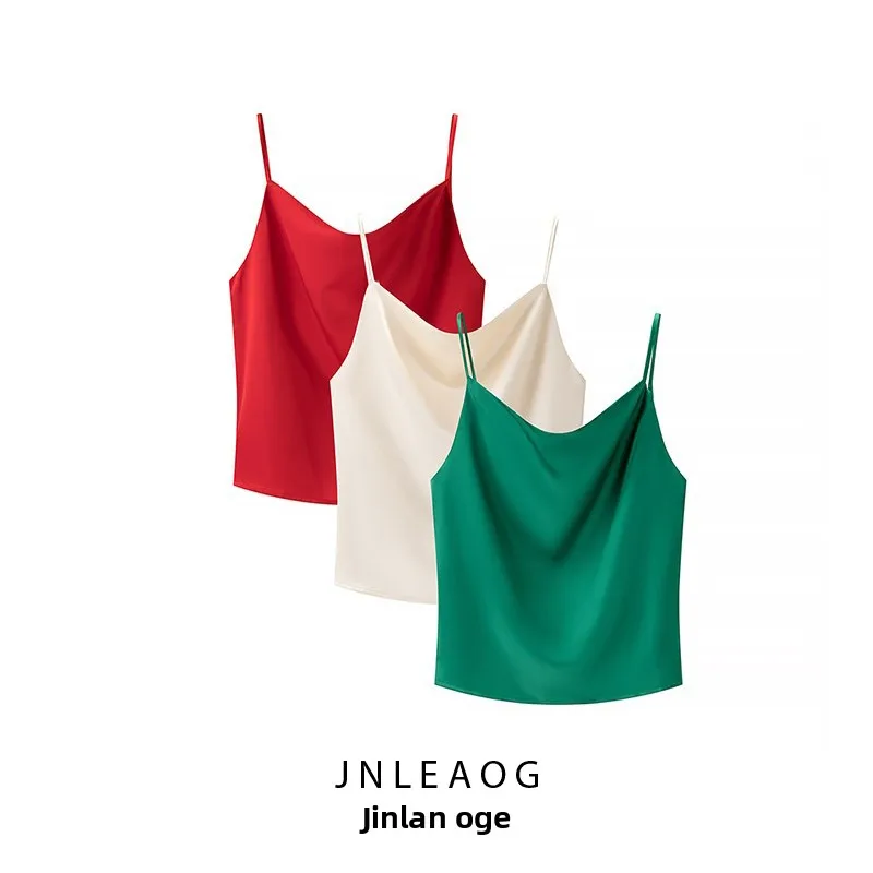 JNLEAOG Spring New Women's Faion Design Silk Satin Strap Vest Svel V-ne Casual Fairy Skirt Sle Thin Polyester