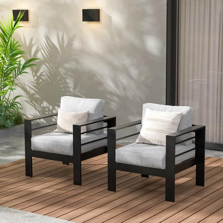 2 Pieces Patio Furniture Aluminum Armchair, All-Weather Outdoor Single Sofa, Black Metal Chair with Light Grey Cushions