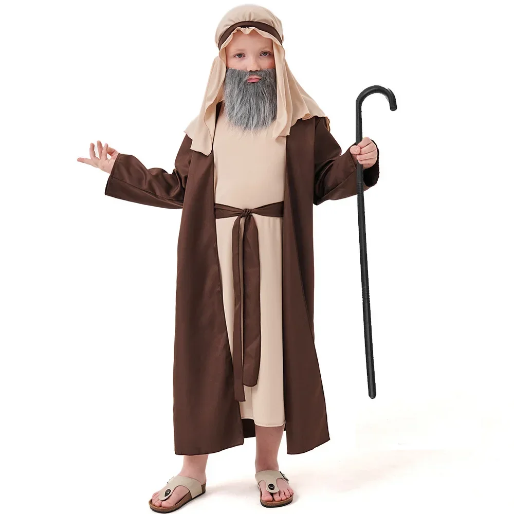 2025 Hot Sale Arab Brown Grandpa Halloween Costume Middle Eastern Shepherd Robe for Kid Boys with headgear