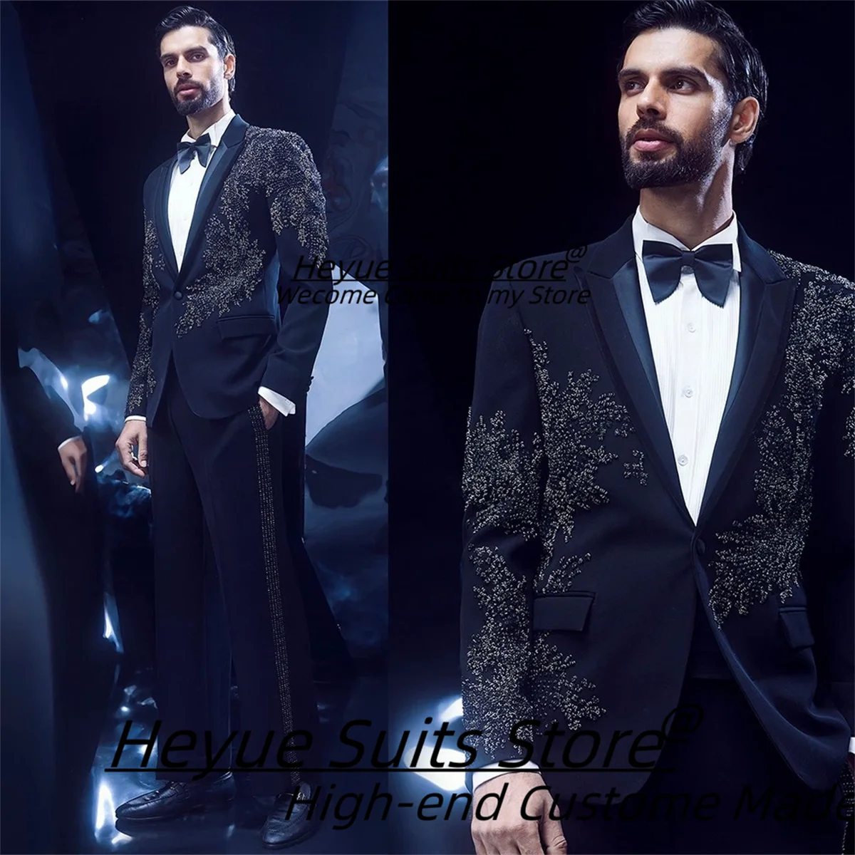 

Luxurious Black Rhinestone Men Suits Customized Slim Fit Peak Lapel Groom Wedding Tuxedos2Pcs Sets Male Prom Blazers Ropa Hombre