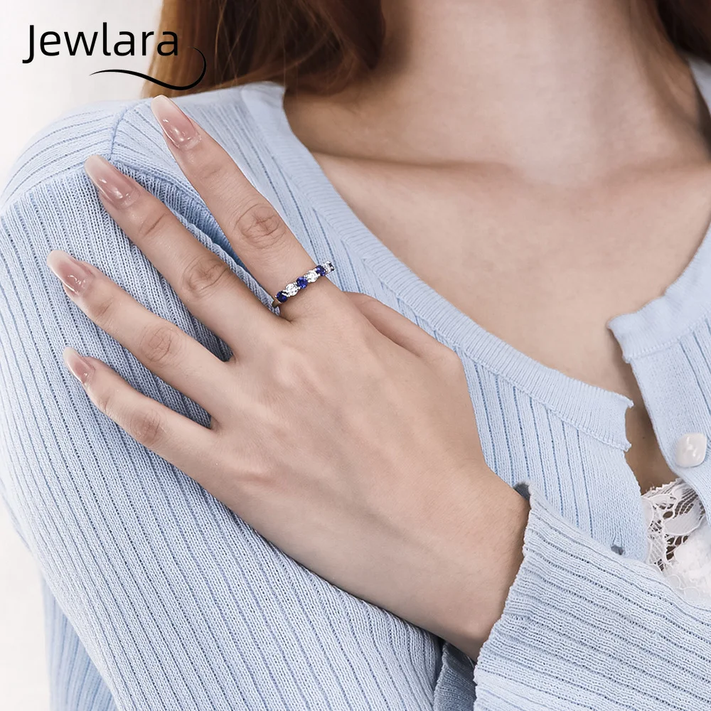 Jewlara 925 Silver Moissanite Lab-Grown Blue Gemstone 7-Diamond Row Ring for Women, Versatile Light Luxury Wedding Engagement