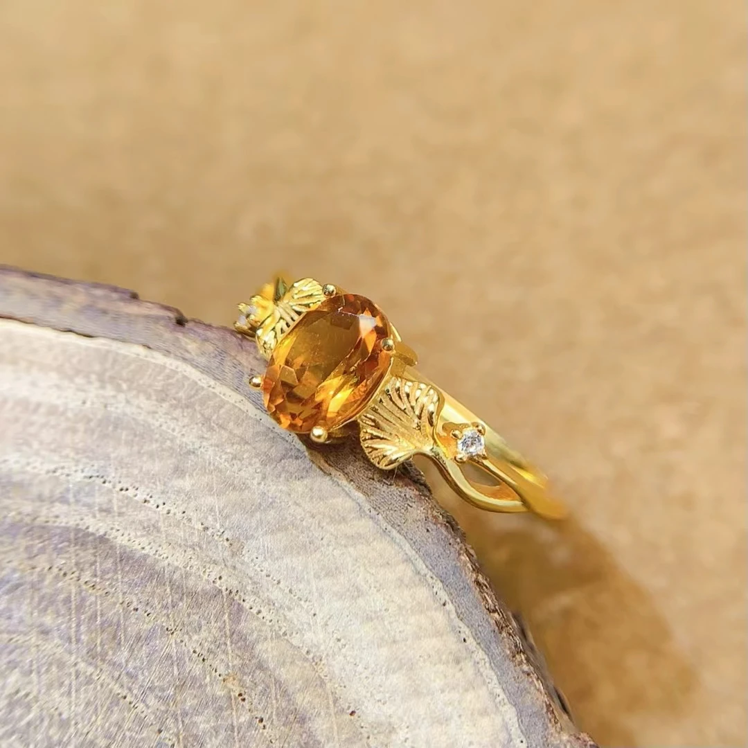 KJJEAXCMY Natural Yellow Crystal Ring S925 Sterling Silver Electroplated High Clarity Lustrous Locking Color Process Jewelry