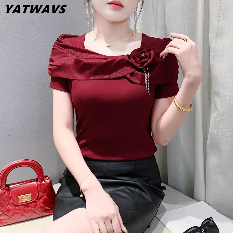 

Новинка 2025, европейская женская одежда, футболки, сексуальные тонкие топы с квадратным вырезом и короткими рукавами, шикарные женские футболки с 3D аппликацией и цветами, одежда