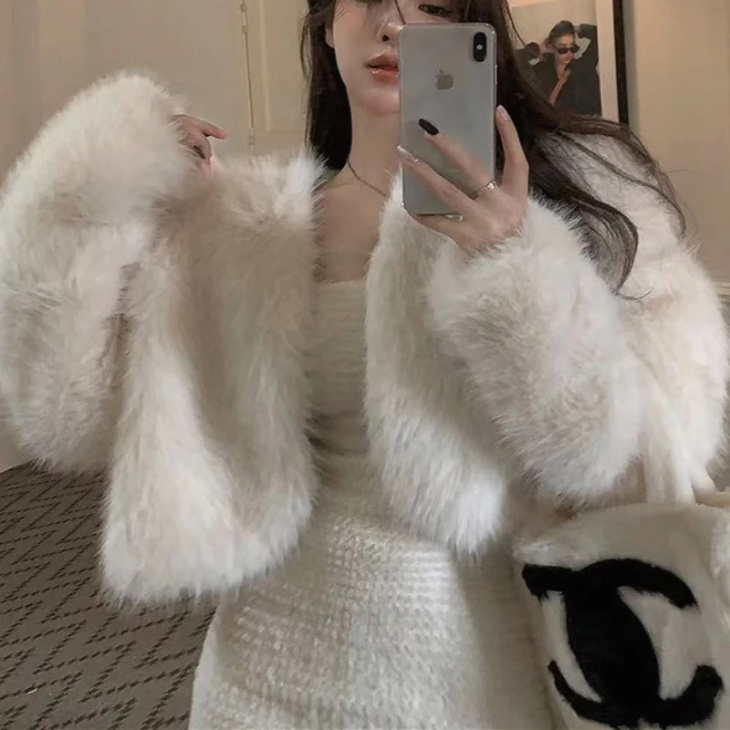 

Women Faux Fur Short Coats Jackets V Neck Coat Thick Warm Y2k Streetwear White Jacket Work Solid Outerwear Autumn Winter 2025