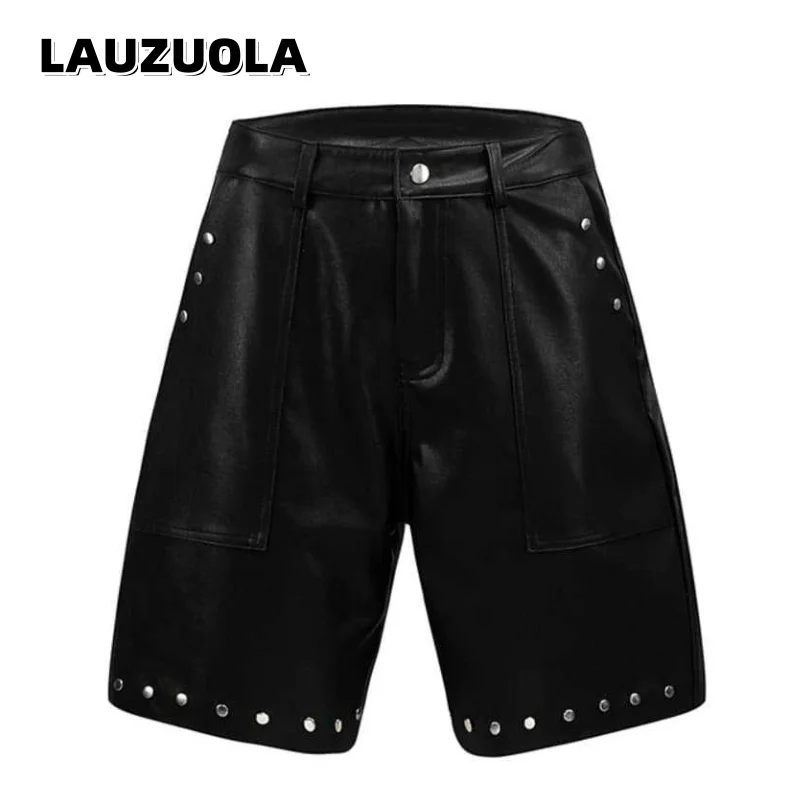 Men Punk Rivet PU Leather Knee Length Shorts Hip Hop Rock Streetwear Loose Straight Black Faux Leather Shorts With Pockets
