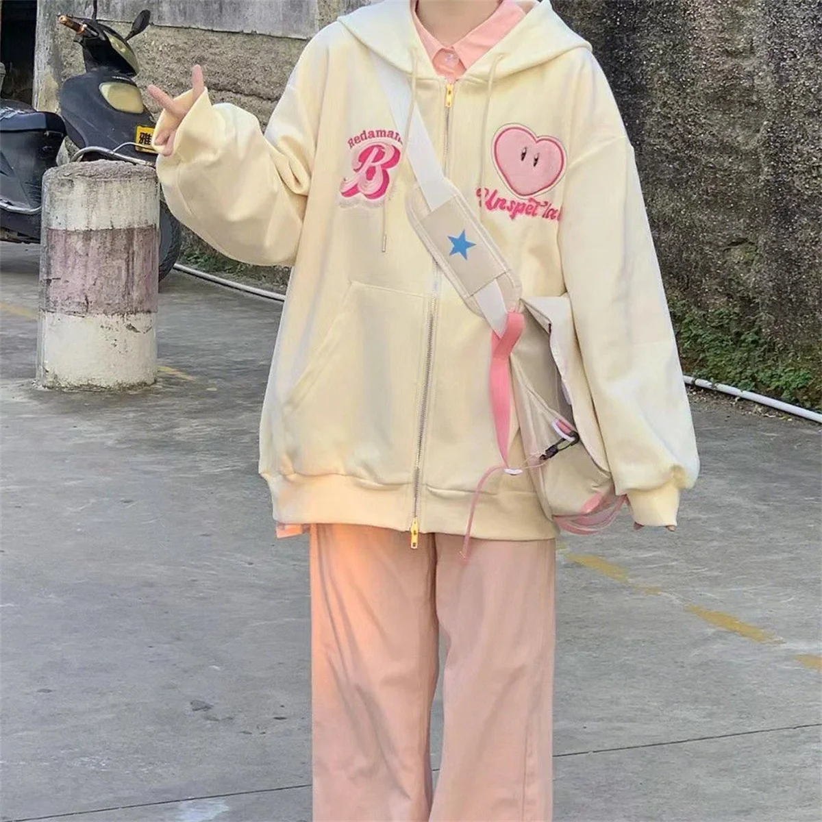 Sweet Girl Zipper Hooded Coat Spring And Autumn Dressing Up Retro Design Sense Collection Casual Fashion Trends Versatile