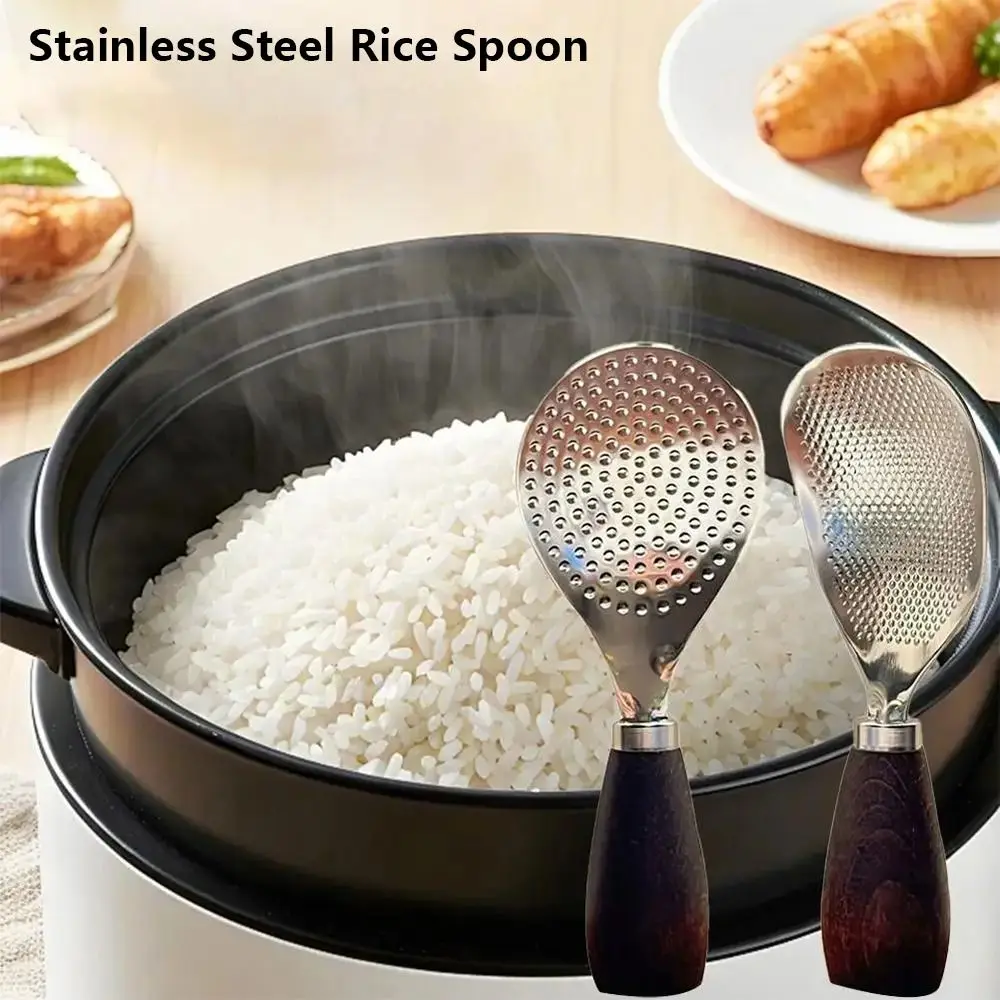 1Pcs Stainless Steel Rice Spoon Zebrawood Wooden Handle Nonstick Rice Spatula Heat Resistant Standable Rice Scooper
