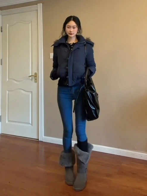 

Retro ort Cotton Jaet with Large Fur Collar Korean Sle Slim Fit Long Sve Zipper Closure Pure Color Spring Outerwear