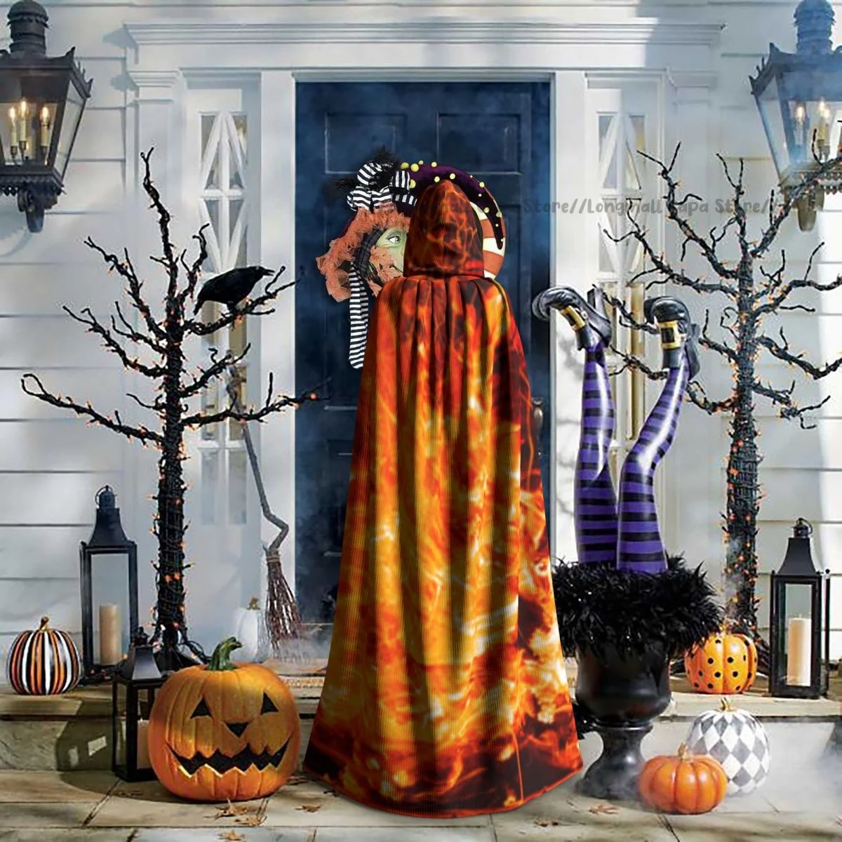 Cosplay Medieval Costumes Abstract Burning Fire With Sparks Hooded Cloak Capes Long Robes Jackets Coat Carnival