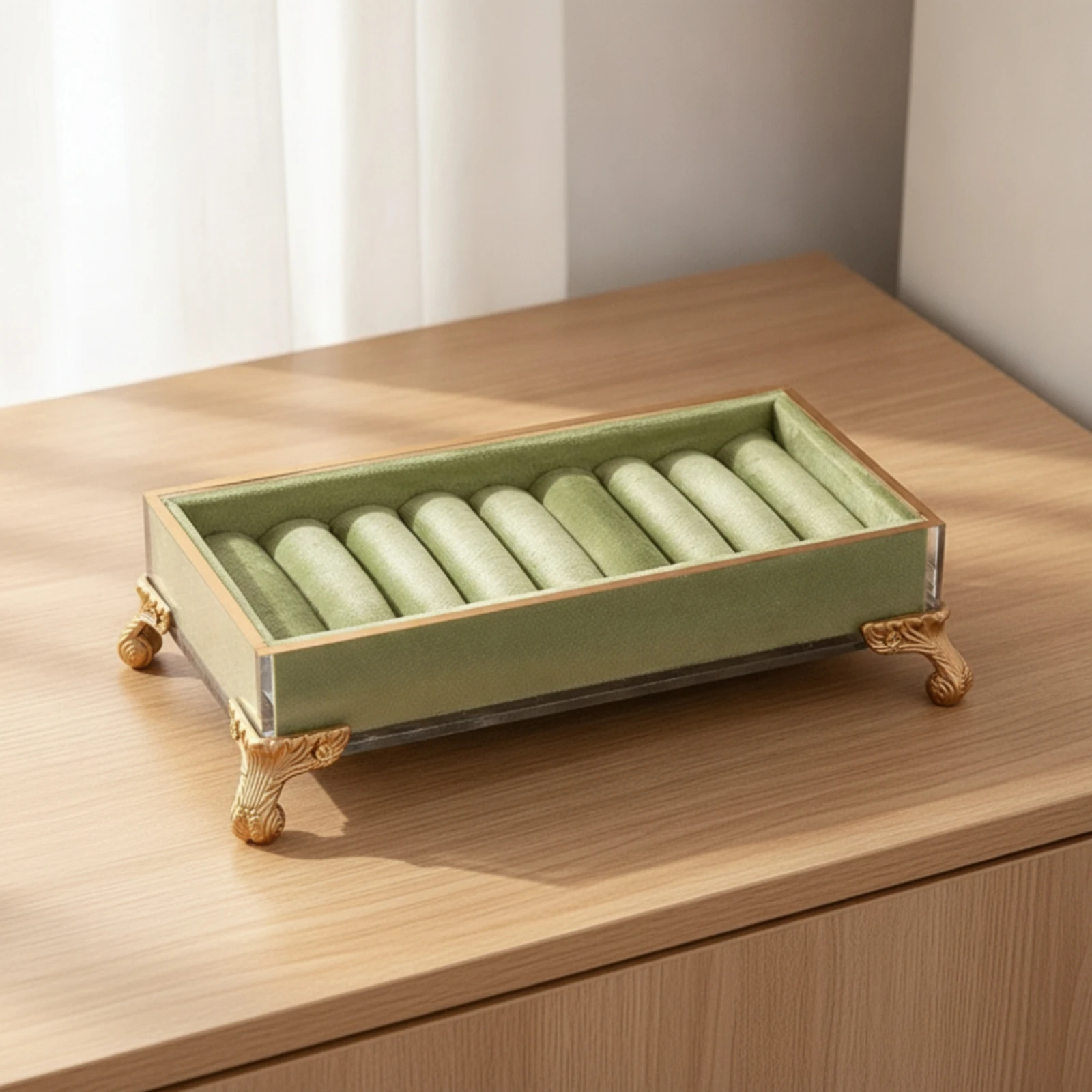 Acrylic Jewelry Tray with Ring Holding Rolls Rolls Cushioned Tabletop Jewelry Organizer with Raised Feet Space-Saving Compact