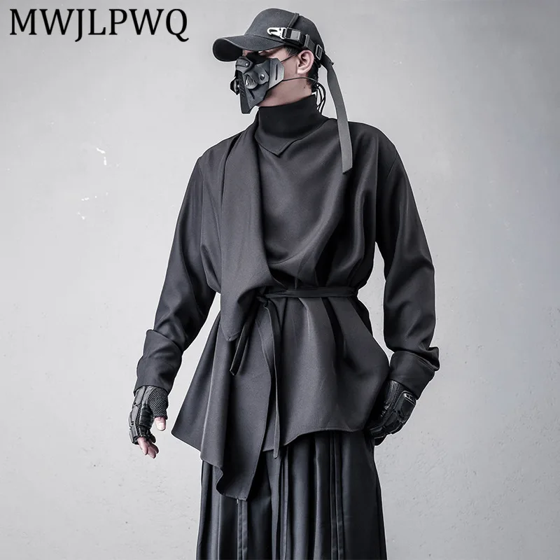 

MWJLPWQ Мужская рубашка с асимметричным дизайном и эффектом двухслойности, с длинным рукавом, темно-серая, с воротником-стойкой, повседневная, модель 13811