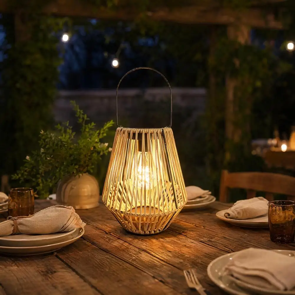 

Woven Rattan Solar Lantern, Faux Wicker Hanging Light, Rustic Waterproof Solar Powered Lamp For Garden Patio Porch Decor
