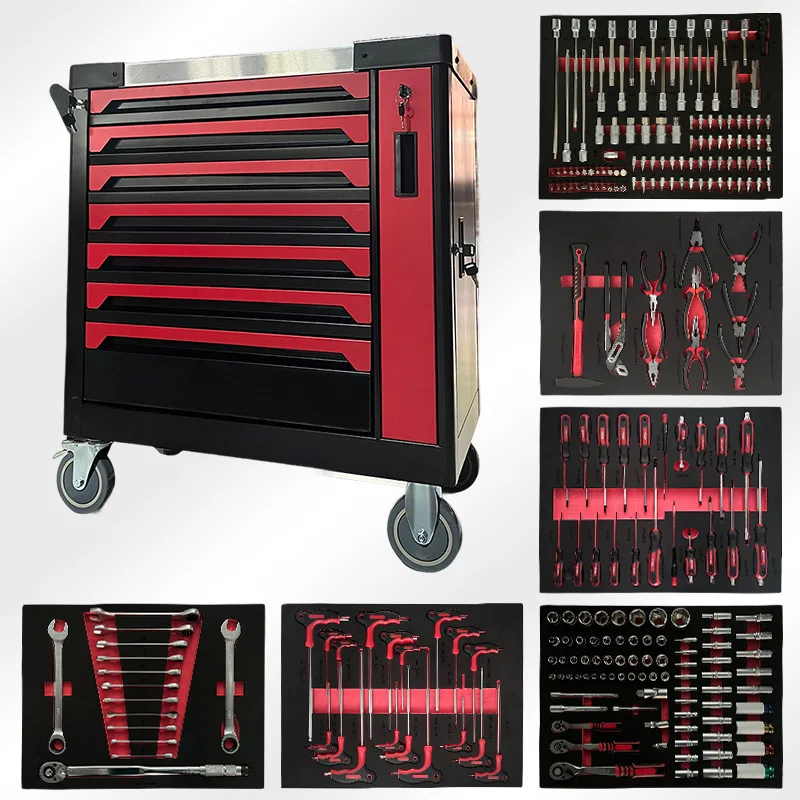 Two Side 13 Drawers Garage Tool Trolley Cabinet With Stainless Steel Worktop