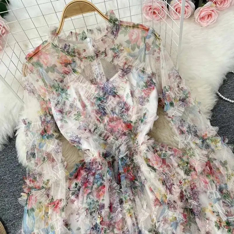 JAMERÁRIO-Vestido de noite manga comprida feminino, babados em camadas, vestido de baile, bolo, elegante, vintage, passarela, verão, outono