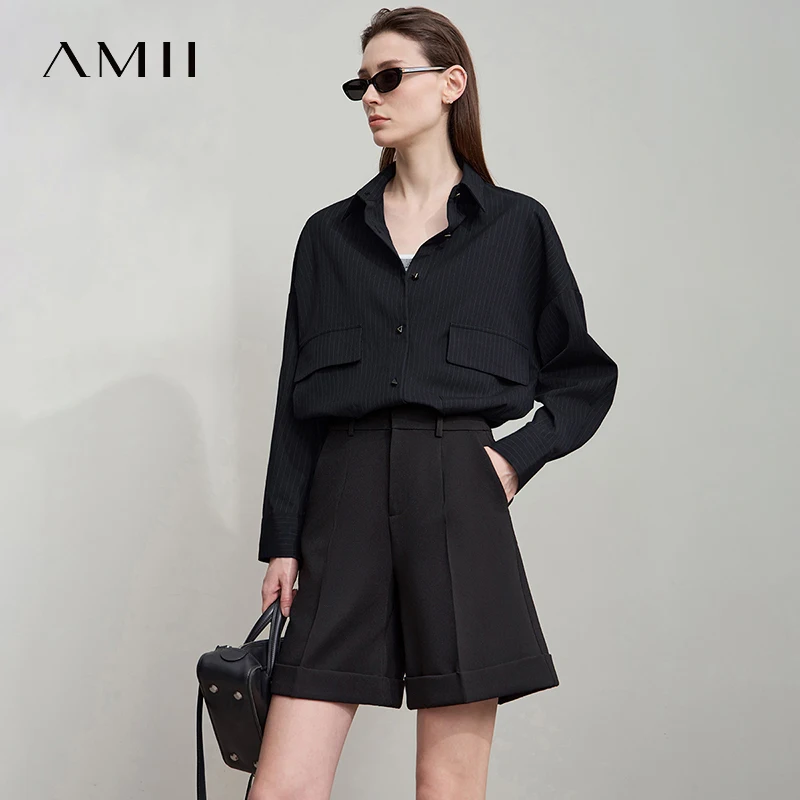 AMII الحد الأدنى الخريف بلوزات طويلة الأكمام 2025 موضة رقيقة شريط الترا فضفاض متوسط طول غير مرونة قمصان غير رسمية 12553032