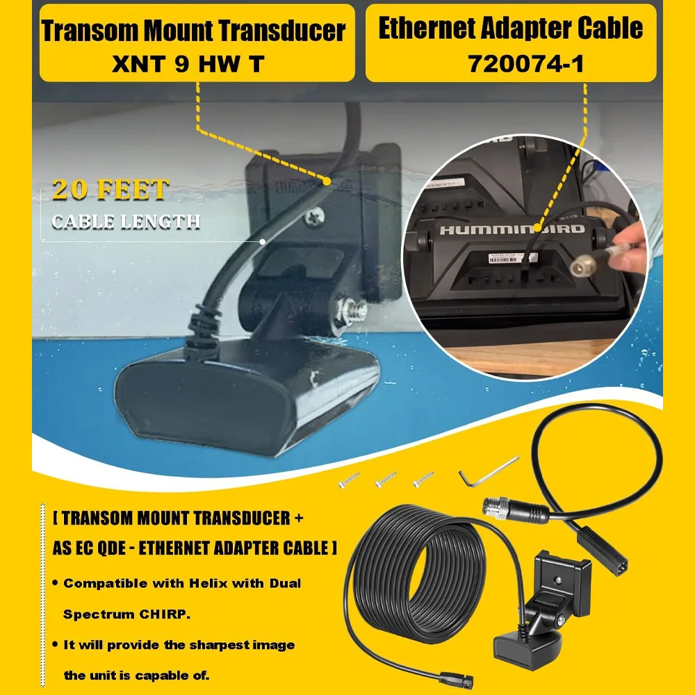 XNT-9-HW-T Transom Temperature Transducer & 720074-1 AS EC QDE Ethernet Adapter Cable for Humminbird Helix 5/7/8/9/10/12
