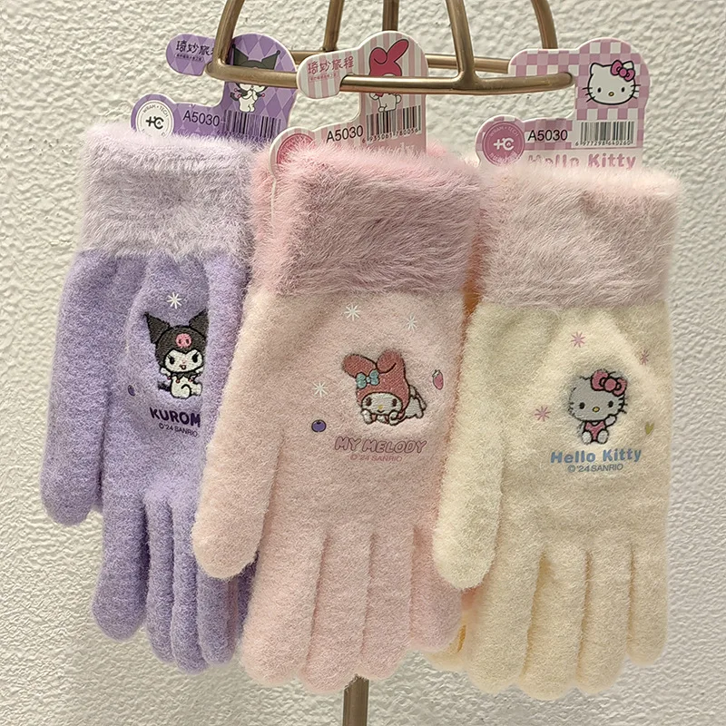 

Cartoon Sanrio Kuromi Plush Gloves Cute Finger Thickening Warm Touch Screen Winter Cold Protection Five Finger Outdoor Cycling