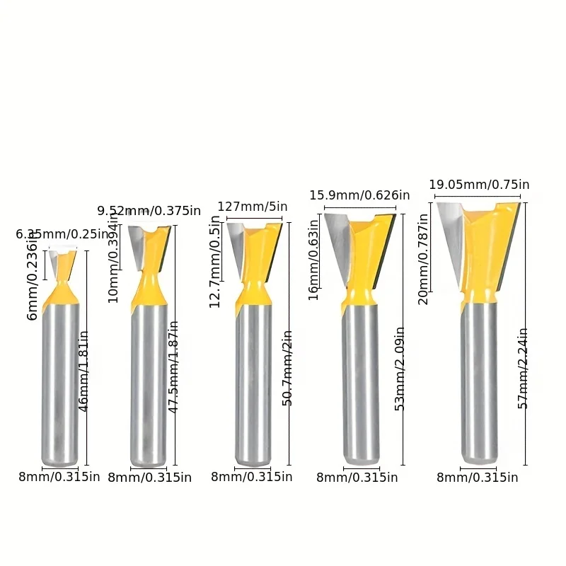 5-Piece Set of 8mm Shank Woodworking Router Bit, Small Dovetail Cutter, V-Groove Carving Cutter, Slotting and Grooving Tool