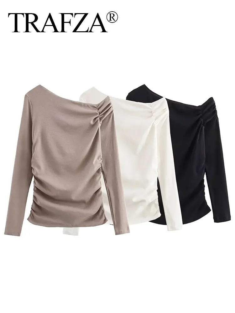 

TRAFZA 2024 Spring Women Fashion Tops New Asymmetrical Off The Shoulders Sheath Top Woman Versatile Streetwear Female Shirt