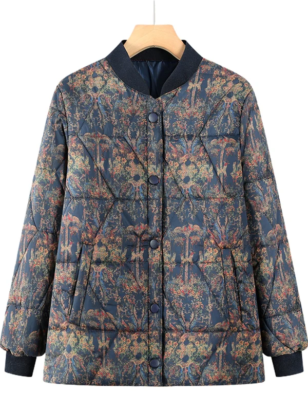 Elderly Women Winter Thickened Baseball Collar Cotton Jacket Loose Floral Fashionable Cotton Coat Warm Long Pants Regular Sleeve