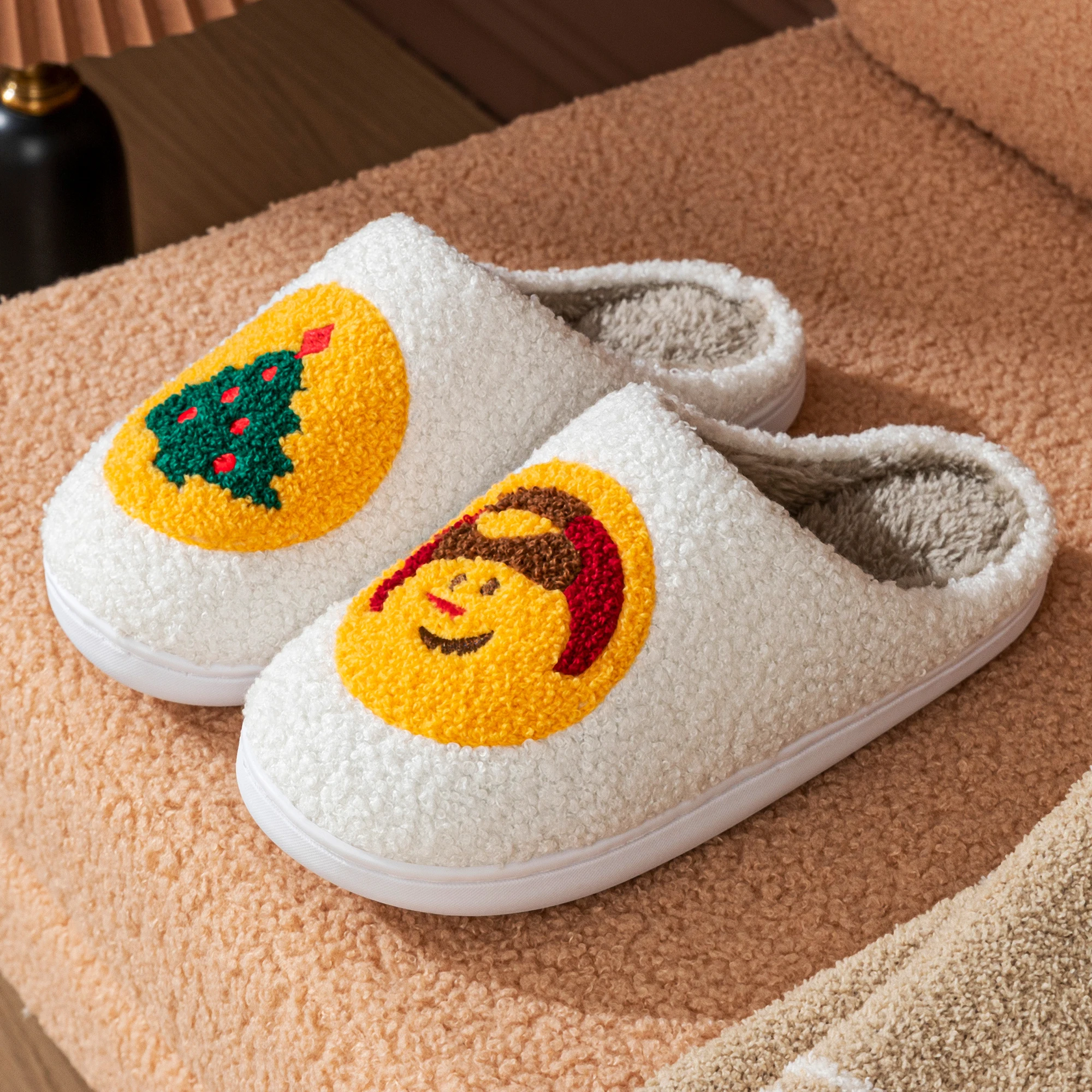 Women Christmas Closed Toe Fuzzy Slippers Cute Snowman Xmas Tree Pattern Fluffy Plush Non Slip Sole Warm Winter Indoor Shoes