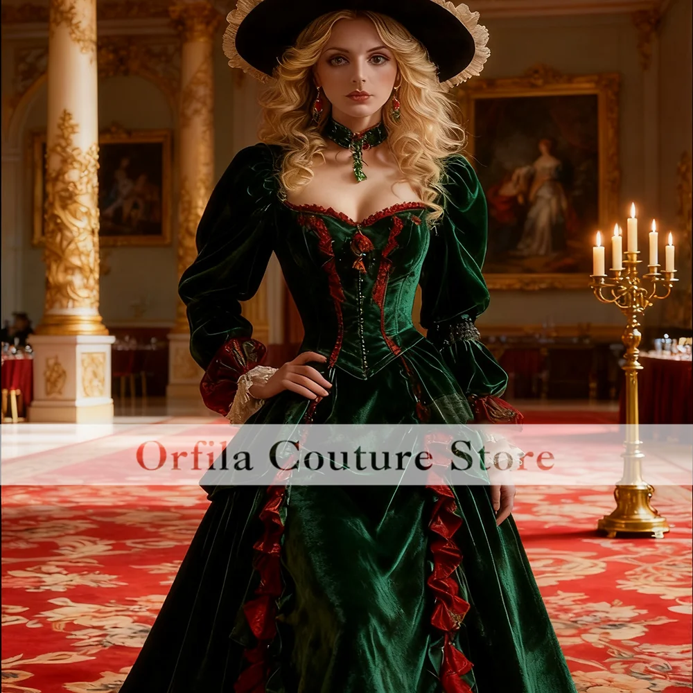 Romantic Dark Green Dress For Evening Fantasy Costume Medieval Prom Dress Long Sleeves Ceremony Prom Party Gowns Customized