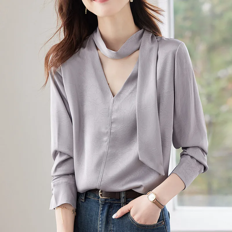 

NAVIU Gray V Neck Shirt For Women Vintage Clothes Long Sleeve Elegant Blouse Office Lady Tops Work Wear New Fashion Spring White