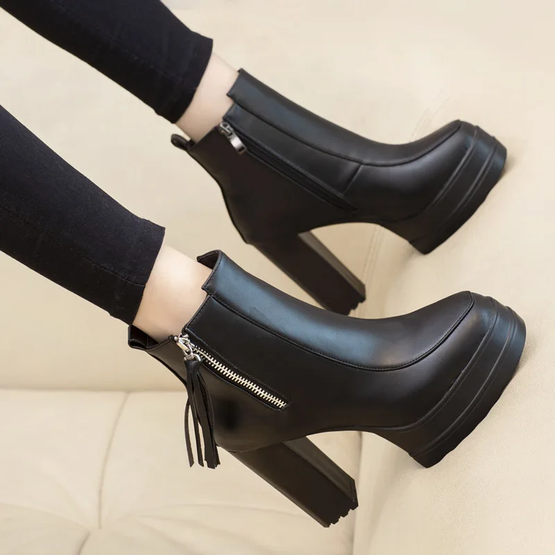 10.5CM Fashion Black Ankle Boots For Women Thick Heels Spring Autumn  Platform Shoes High Heels Black Zipper Ladies Boots - AliExpress 322