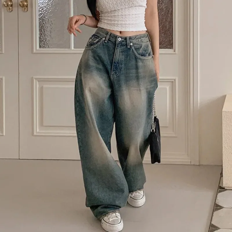 Cintura alta perna larga casual chique americano retro jeans feminino até o chão solto emagrecimento calças compridas corte reto sem estiramento