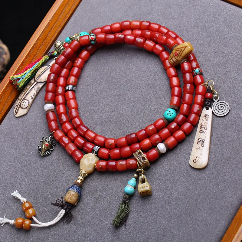 108 Of Buddha Prayer Beads Made Of Yak With Copper Inlay Bone And Accessories