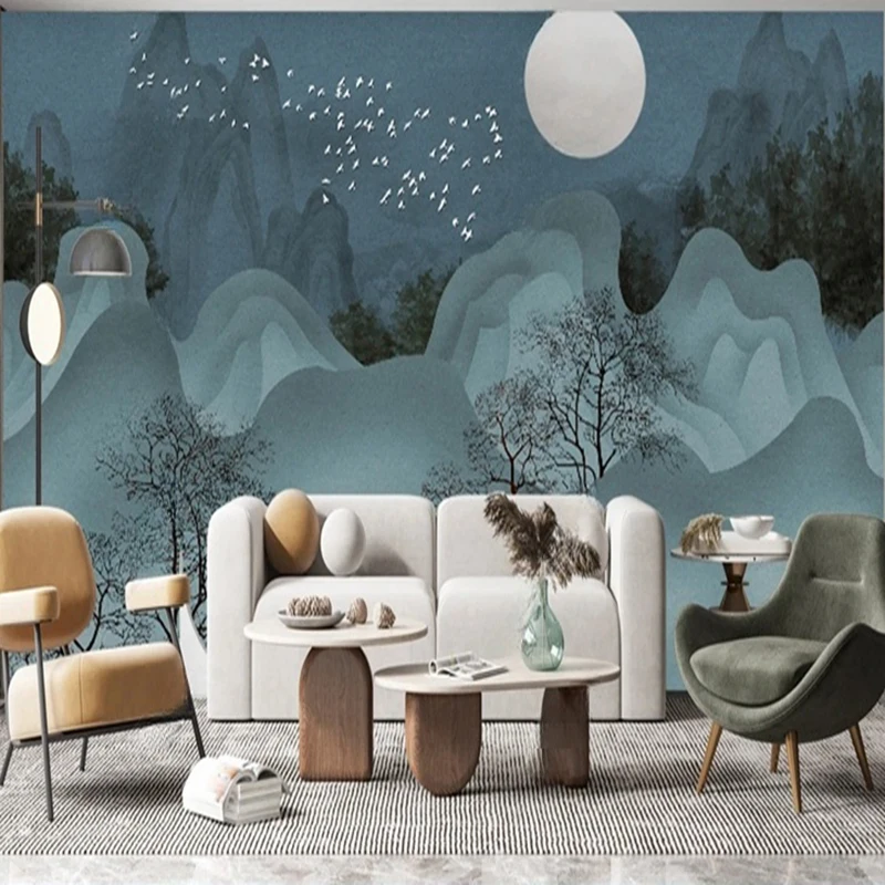Custom New Chinese Style Abstract Line Art Landscape Wall Mural - Hand-painted TV Sofa Background Wallpaper Home Decor 3D