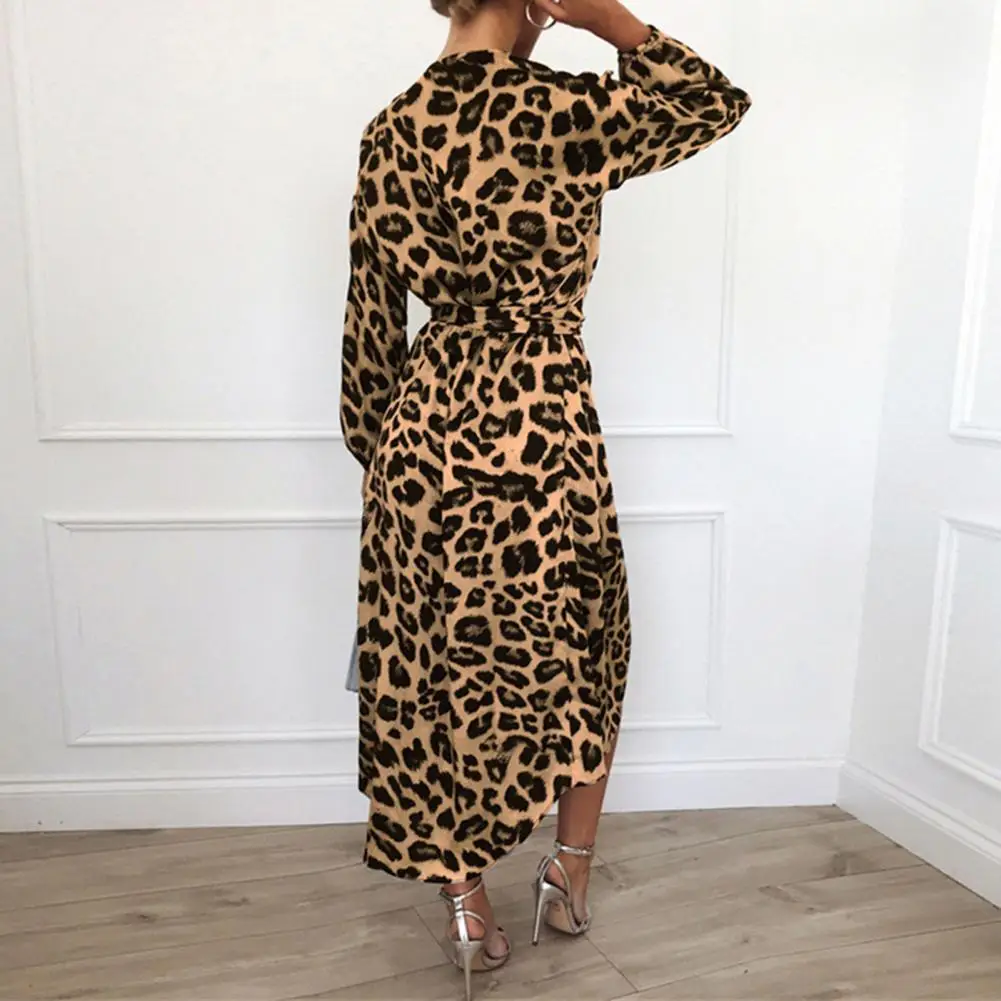 

Stylish Women Spring Dress Leopard Print V Neck Spring Dress with Lace-up Waist Elegant Midi Length for Women Women Leopard