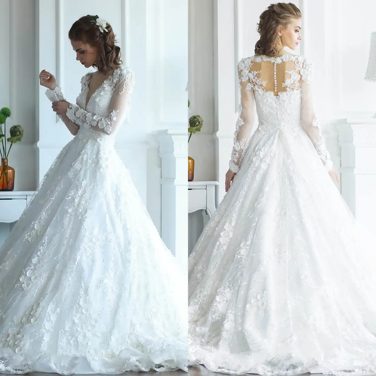 คลาสสิกสายชุดแต่งงาน Art Design Appliques ชุด V คอลูกไม้ชุดเจ้าสาว Sweep Train Vestidos De Novia ที่กําหนดเอง