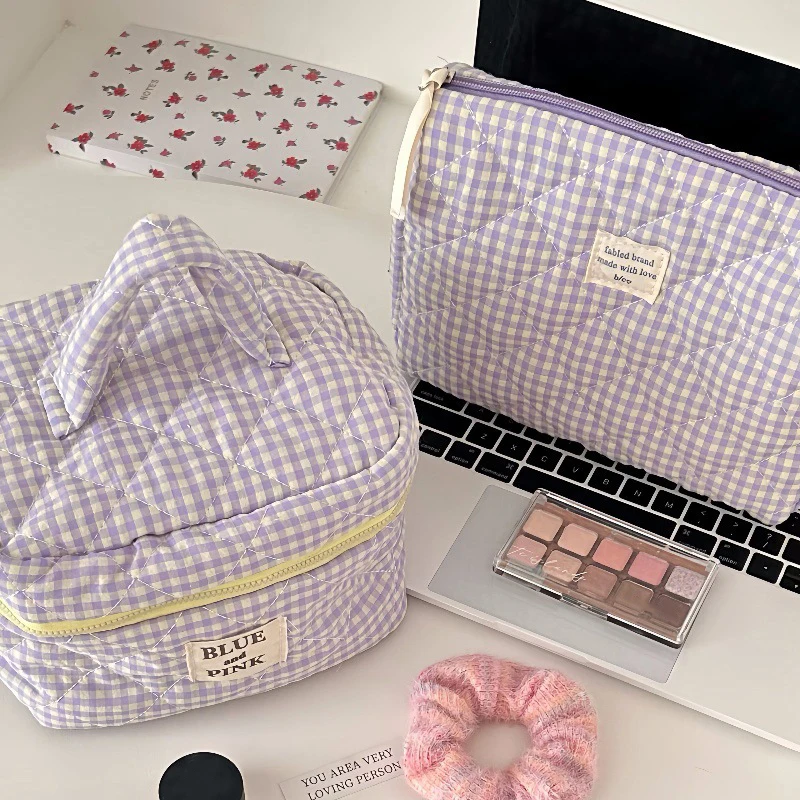 Fashion Checkered Makeup Bag Large Capacity Portable Cosmetic Storage Bag Cotton Quilted Wash Bag Skincare Pouch