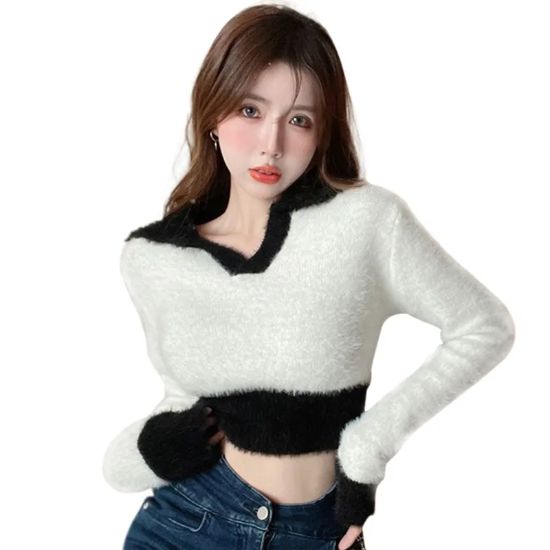 Autumn Winter Women\'s Sweater Slim Sexy Plush V-neck Color Blocking Pullover