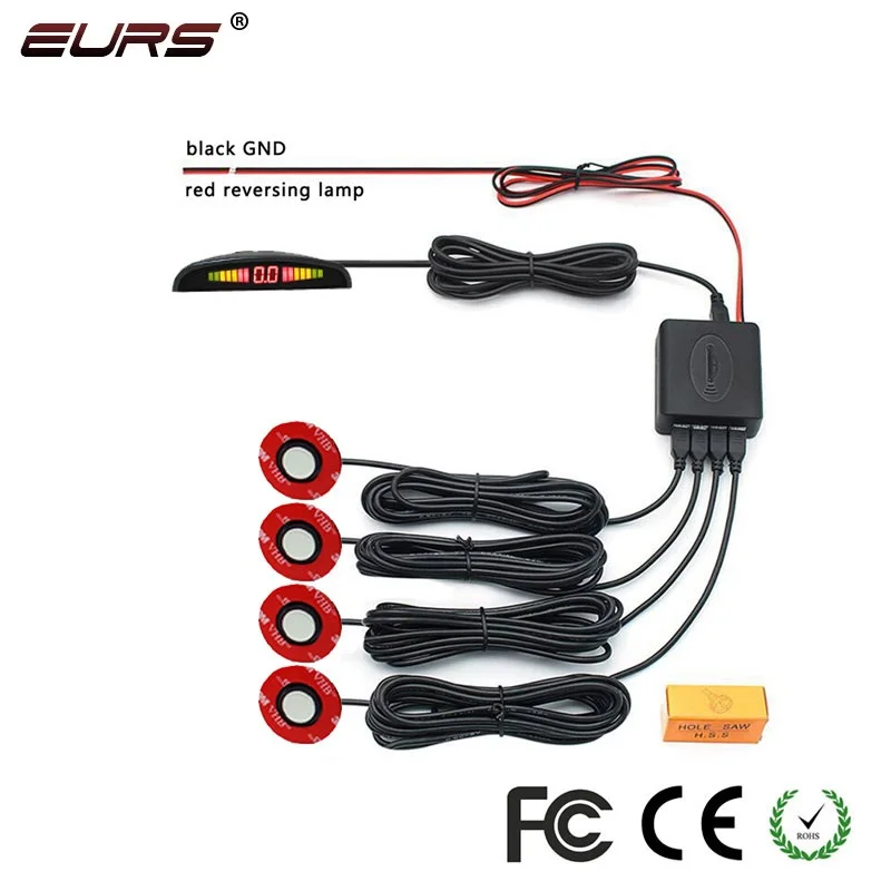 EURS Parktronic 4 sensors Car Backup Radar Parking Sensor Buzzer Detector Assistance Flat Probe System 12V Kit Universal Car Bac