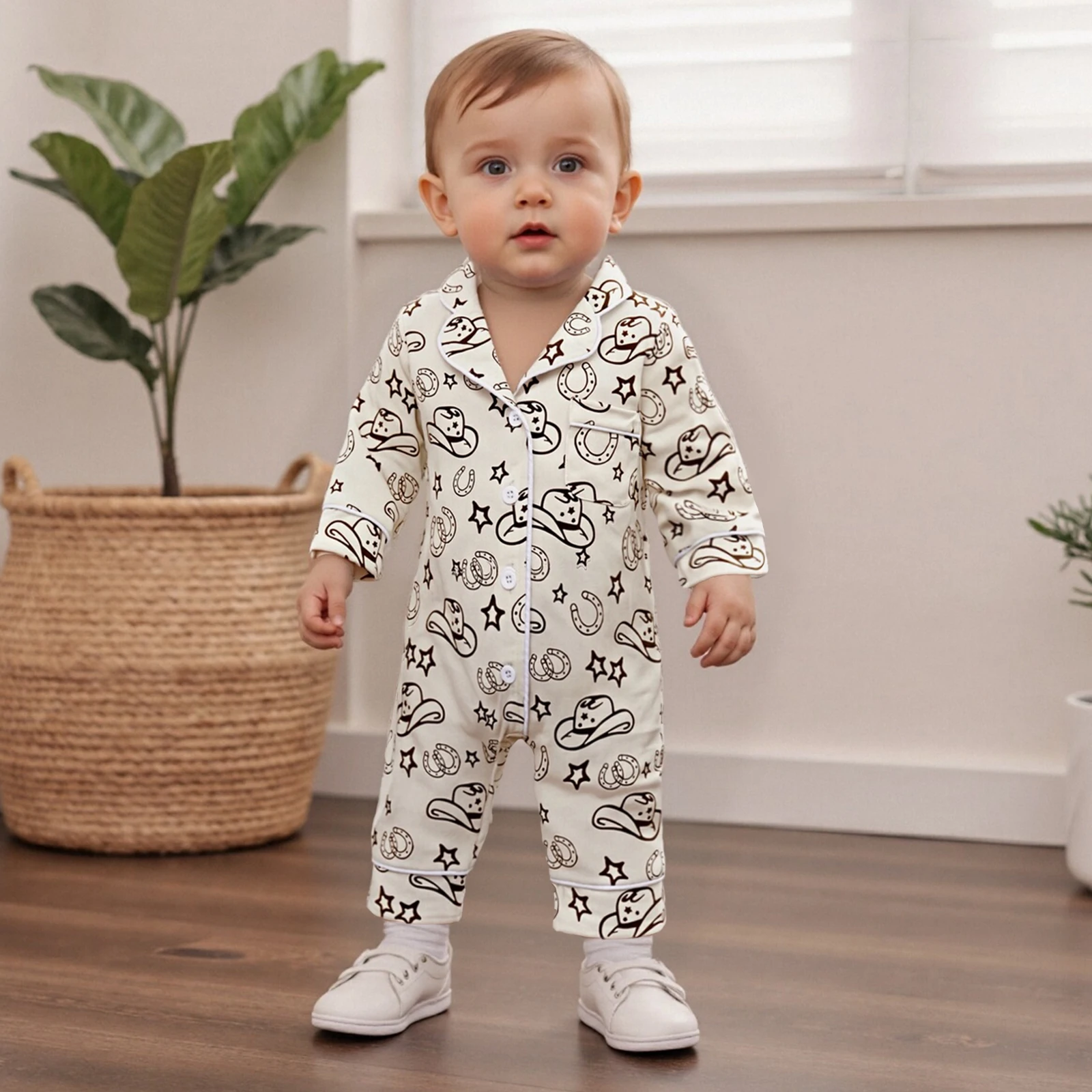 

Baby Clothing Boys Girls Jumpsuits Western Long Sleeve Lapel Collar Button Up Pajamas Rompers Newborn Clothes