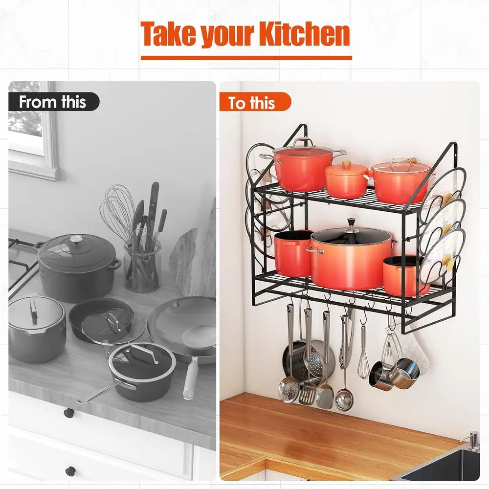 Black 28 Wall-Mounted Pot Rack with 2-Tier Pan Hanger and 12 Hooks, 6 Lid Holders for Kitchen Cookware and Utensils
