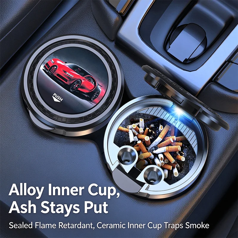 Universal Car Ashtray Multifunctional with Cover LED Light Portable One Click Open Personalized Creative Automotive Supplies