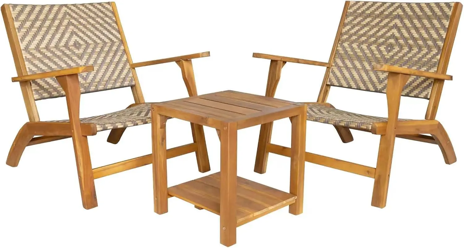 

3 Piece Acacia Wood Patio Furniture Set Bistro Set with Coffee Table and Rattan Wicker Back & Seat Chair Ergonomic