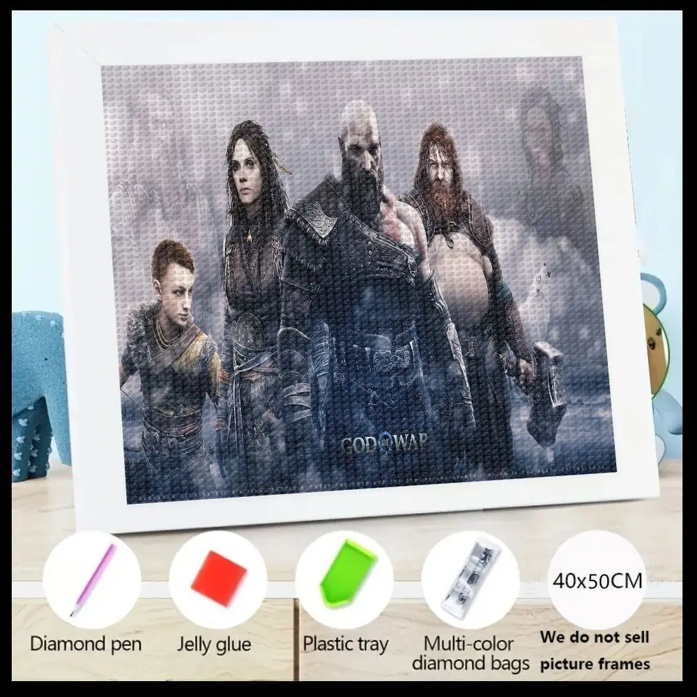 

5D God of War Персонаж DIY Набор для алмазной живописи, 40x50 см в рамке с алмазной ручкой, желейным клеем, пластиковым лотком и мульти-