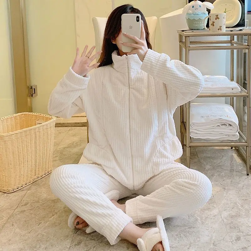 Women Flannel Confinement Clothing Winter Thick Warm Pajamas Female Outerwear Coral Velvet Nightgown Casual Loose Homewear Suit